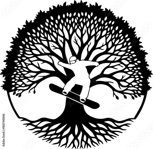 Dynamic snowboarder carving through powder, nature's embrace, adventure awaits, action sports, winter thrills, originally vector art, scalable design