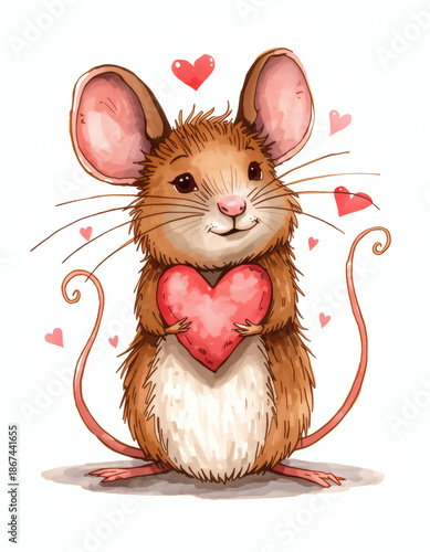 Charming mouse holds a heart surrounded by love in a whimsical scene of warmth and affection