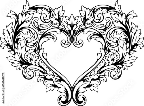 Elegant floral heart design with intricate leaf details, perfect for wedding invitations, Valentine's Day cards, and romantic designs with a vintage feel
