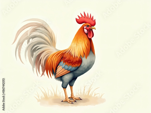 Colorful rooster stands proudly in a sunny meadow, showcasing its vibrant feathers and lively personality