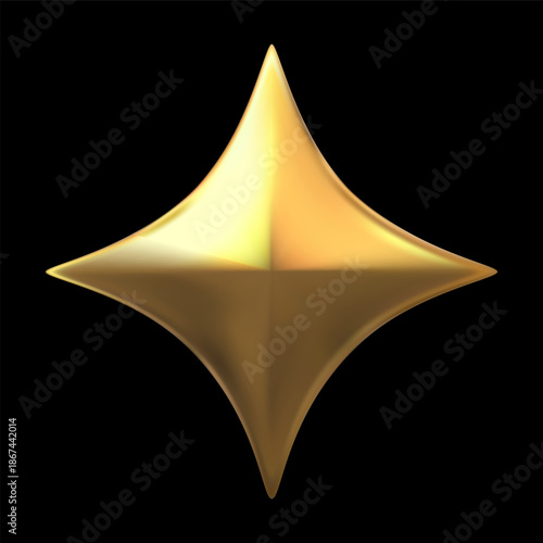 Golden four-pointed 3D star or rhombus with glow effect.