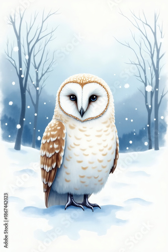 Snowy owl stands gracefully in a winter landscape filled with soft falling snowflakes
