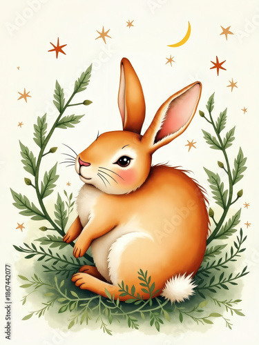 Charming rabbit surrounded by leafy greens and twinkling stars in a serene night scene