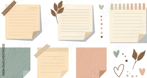 Vector illustration of colorful sticky notes and decorative elements on a white background with a mix of earthy tones and minimalist design.