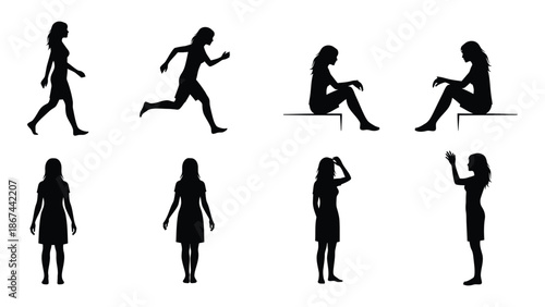 Silhouettes of people in various poses depicting common human actions