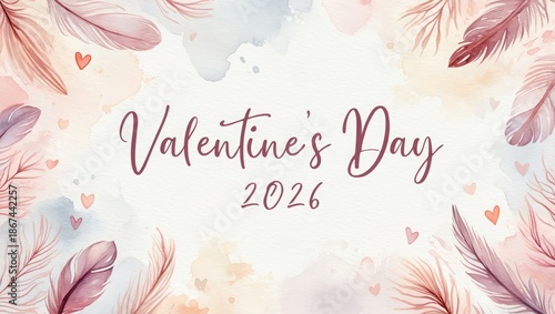 Valentine's Day 2026 with pink feathers and hearts