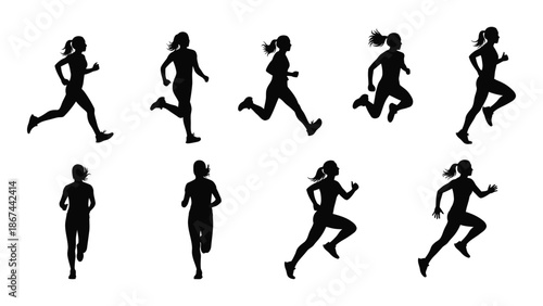 Silhouettes of people running and exercising displayed in various dynamic poses