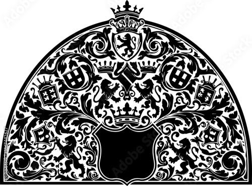 Elegant heraldic crest with regal lions and ornate flourishes, perfect for branding, stationery, or historical designs invoking tradition and prestige