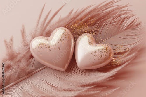 Glossy pink glitter hearts on soft delicate feathers