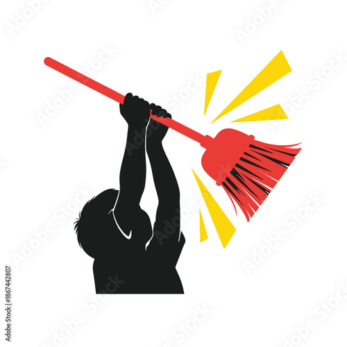 A dynamic silhouette of a person enthusiastically swings a bright red broom, accompanied by vibrant yellow impact lines, representing active cleaning or playful determination.