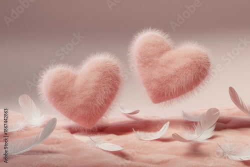 Two fluffy pink hearts floating above soft pink surface with feathers