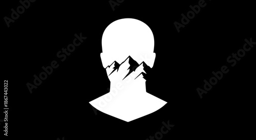 Striking silhouette of a person's head filled with majestic mountain peaks, perfect for branding, adventure themes, or nature-inspired designs, originally vector