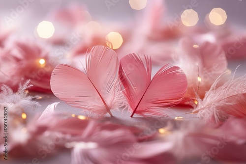 Pink feathers arranged in heart shape with bokeh lights