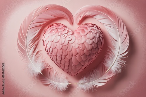 Textured pink feather heart with soft feathers on pink background