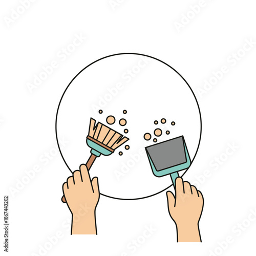 Hands are actively engaged in the process of sweeping dirt and debris with a broom and dustpan, illustrating household cleanliness.