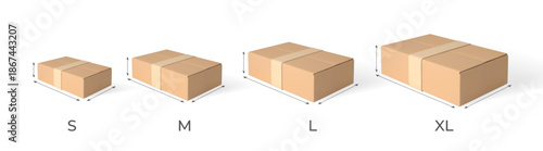 3D cardboard box with height, length, width vector mockup, realistic brown carton parcel, delivery cargo S,M, l, XL size