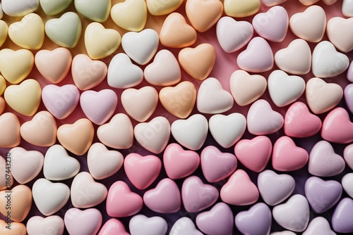 Assorted pastel heart candies forming a colorful pattern