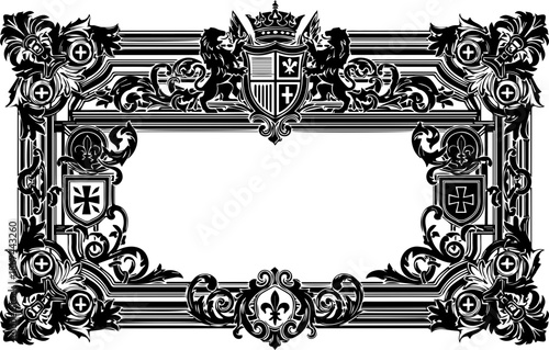 Ornate heraldic frame with lions and crown, vintage royalty design, elegant decorative border for invitations and certificates, originally created as vector art