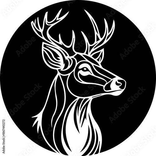 Majestic deer head with elegant antlers in striking minimalist design, perfect for logos, branding, and nature-inspired projects, originally from vector art