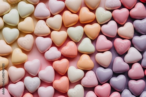 Overhead view pastel heart candies pattern
