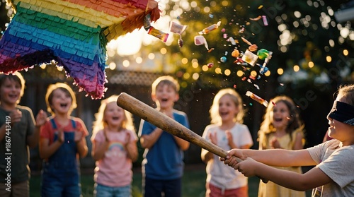 Excited blindfolded child hitting a vibrant rainbow piñata outdoors, scattering candy as other children cheer during a lively celebration.
