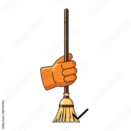 A vibrant cartoon illustration depicts a gloved hand firmly grasping a traditional straw broom, symbolizing cleanliness, household tasks, and domestic work.