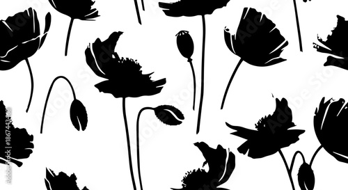 Dramatic black poppy floral silhouette pattern for modern textile design, elegant stationery, or artistic invites, originally a scalable vector graphic