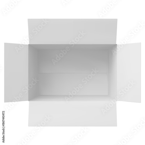 White cardboard box, top view, with an open lid, horizontal mockup, rectangular shape.