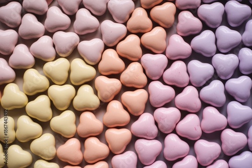Close-up of heart-shaped candies in colorful yellow orange pink purple gradient