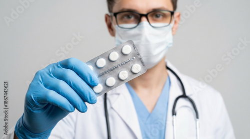 Close-up of a doctor or nurse in a face mask and gloves presenting a blister pack of white tablets, symbolizing essential medicine and treatment