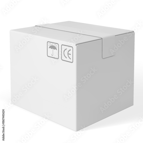 3D cardboard box vector mockup, realistic white carton parcel close with tape and transportation symbols, delivery cargo
