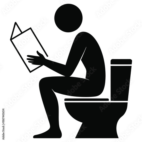 Silhouette man reading book while sitting on toilet isolated on white background vector illustration for personal hygiene, bathroom activity and lifestyle