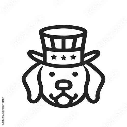 Dog head icon silhouette wearing Uncle Sam hat, patriotic. Symbolizing USA pride, independence and national celebration. Isolated vector illustration on white background.