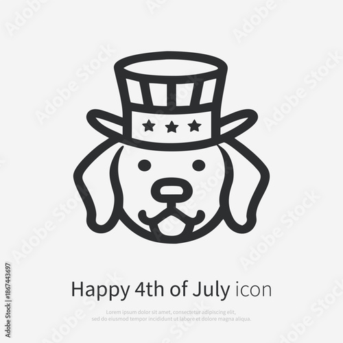 Dog head icon silhouette wearing Uncle Sam hat, patriotic. Symbolizing USA pride, independence and national celebration. Isolated vector illustration on white background.