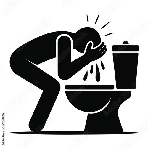 Silhouette of person leaning over toilet with hand on face feeling sick shown in vector illustration isolated over white background in minimalist style
