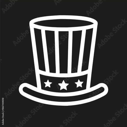 White Uncle Sam hat icon silhouette on black background, patriotic minimal vector illustration symbolizing USA, freedom, independence and national pride.