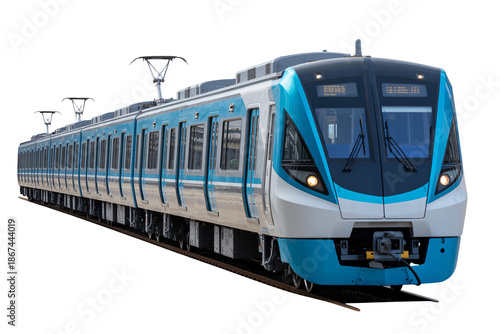 Modern Electric Train in Blue and Silver with Sleek Design and Bright Lighting on White Background for Transportation Advertising