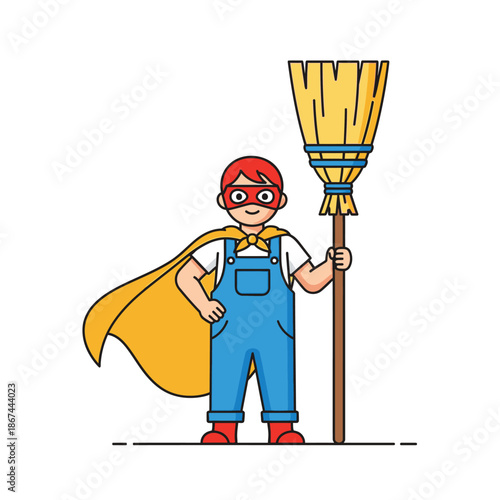 A cheerful cartoon character, embodying an everyday hero, confidently stands in overalls and a superhero cape, holding a broom, ready for cleaning tasks.