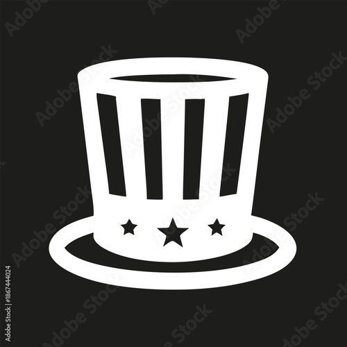 White Uncle Sam hat icon silhouette on black background, patriotic minimal vector illustration symbolizing USA, freedom, independence and national pride.
