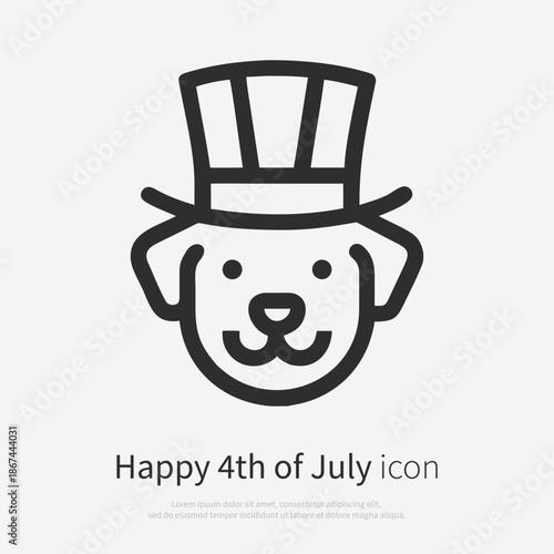 Dog head icon silhouette wearing Uncle Sam hat, patriotic. Symbolizing USA pride, independence and national celebration. Isolated vector illustration on white background.