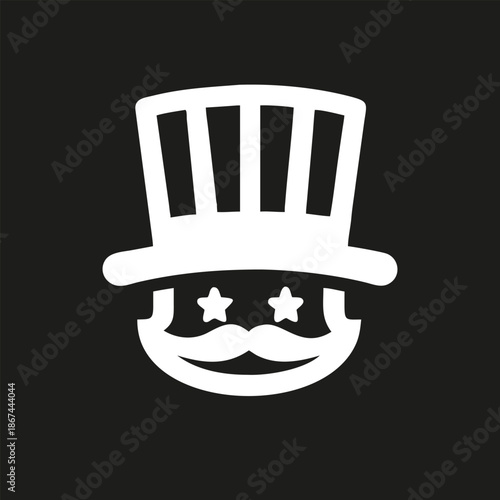 Uncle Sam head icon silhouette in patriotic style. Symbolizing USA, freedom, independence and national pride. White Isolated vector illustration on black background.