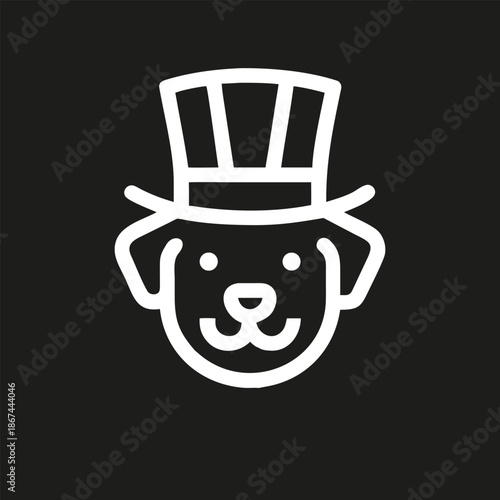 White dog head icon silhouette wearing Uncle Sam hat on black background, patriotic minimal vector illustration symbolizing USA pride, independence and national celebration.