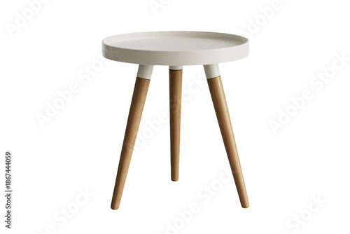 White minimalist side table with wooden legs in soft studio lighting on white background for home decor
