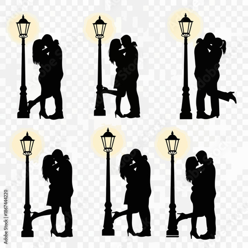 Romantic silhouette illustration of couples kissing under street lamps expressing love and intimacy in a timeless and elegant design for valentine's day and anniversary