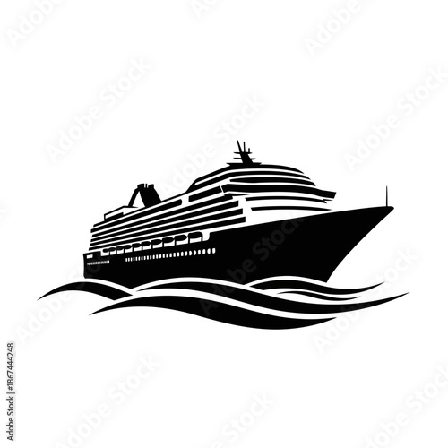 Elegant cruise ship illustration in black and white symbolizing travel vacation maritime transport and ocean voyages for tourism and nautical themes