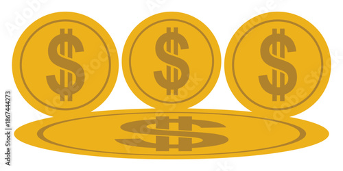 Three gold dollar coins illustration, money vector, financial concept, currency symbol