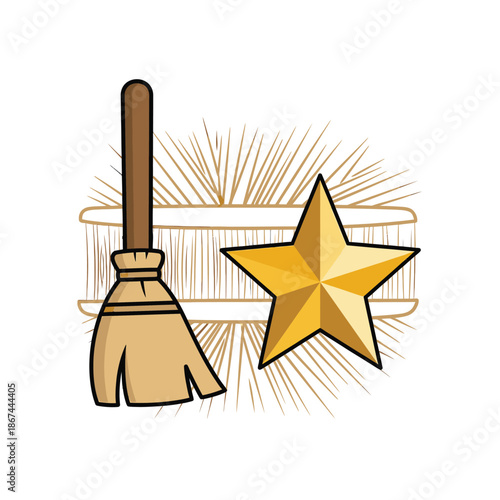 An enchanting digital illustration showcases a traditional straw broom next to a brilliant golden star, symbolizing magic, aspirations, and festive celebration.