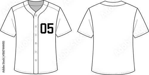 Blank Baseball Jersey Technical Flat Sketch with Number Five Detail Button Up Short Sleeve Sports Shirt Uniform Vector Illustration Design (21 words)