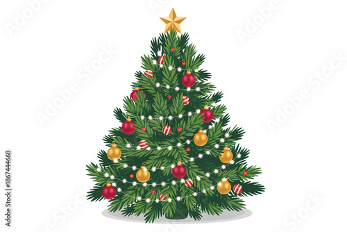 Christmas Tree with Ornaments and Star in Festive Decoration with Bright Lighting on White Background for Holiday Greeting