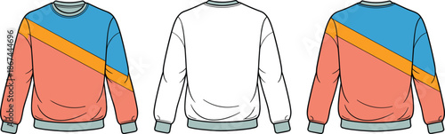 Colorful Retro Colorblock Sweatshirt Vector Template with Front Back and Side Views for Apparel Design Fashion Technical Sketch Illustration Flat Mockup